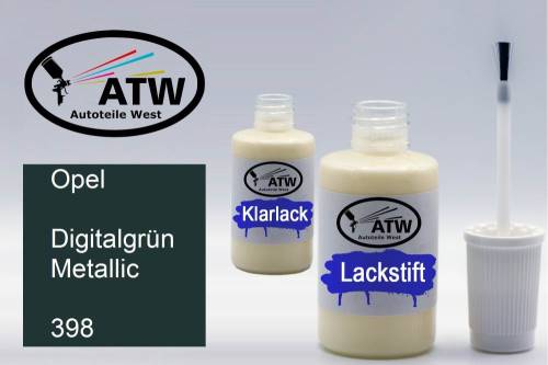 Opel, Digitalgrün Metallic, 398: 20ml Lackstift + 20ml Klarlack - Set, von ATW Autoteile West.